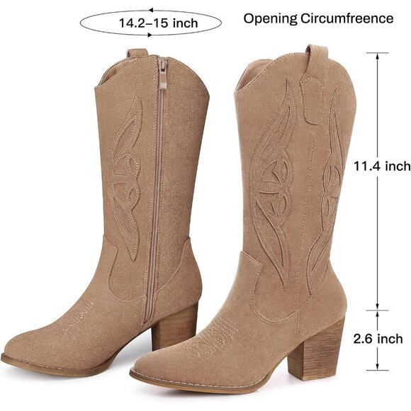 Women 1828-khaki Suede leather Embroidered Country Heel Pointed Toe Booties - Picture 4 of 6